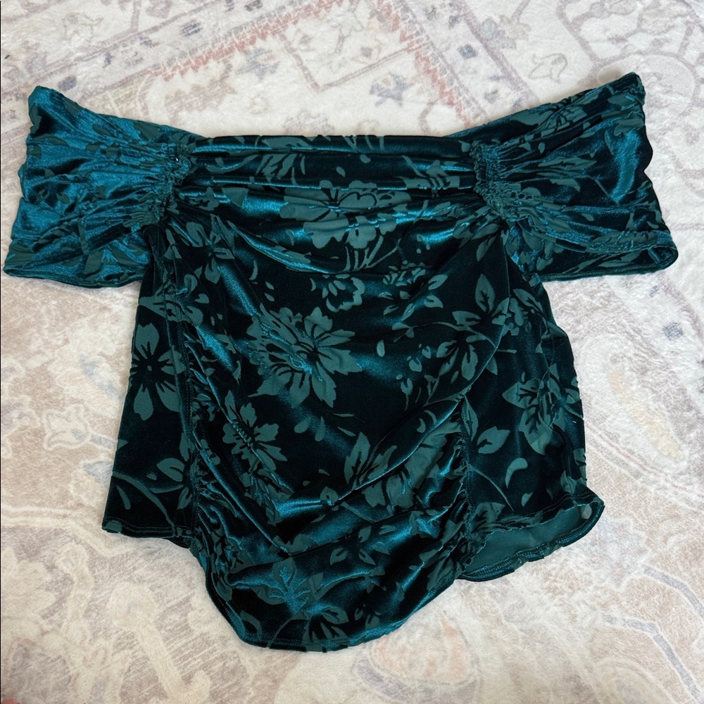 Free People Teal Floral Off-Shoulder Blouse
